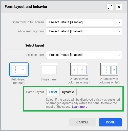 strict cards layout in flexible forms