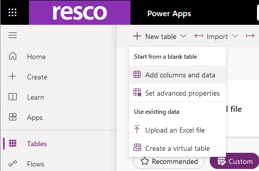 create a new table in dataverse