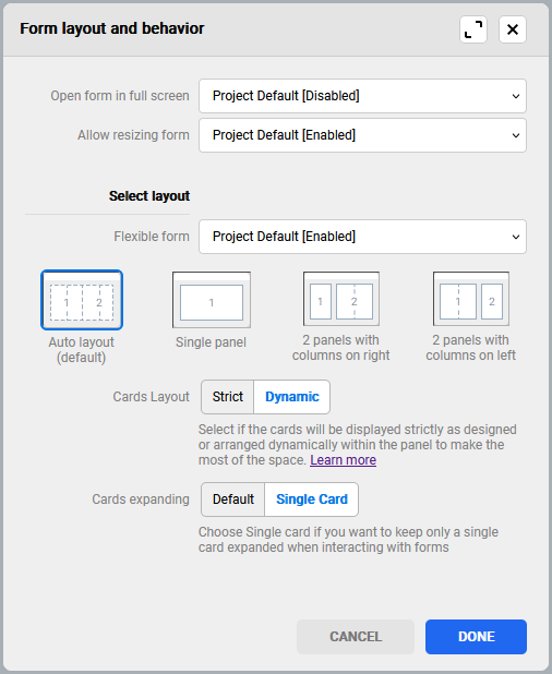 Configuration of form layout and behavior