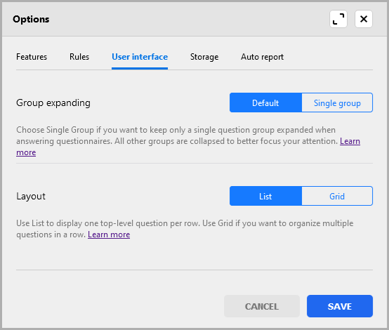 options pane in the questionnaire designer