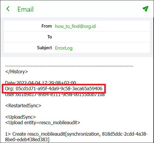 Organization ID (in app) located in the Sync log