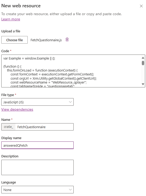 add new web resource to power app form