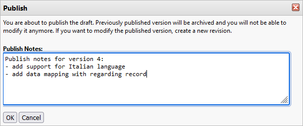 Questionnaire lifecycle publish dialog
