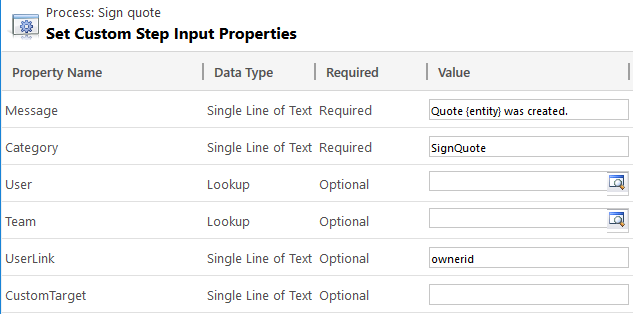 Entity notification workflow: Dynamics configuration: Entity notification custom step properties600px