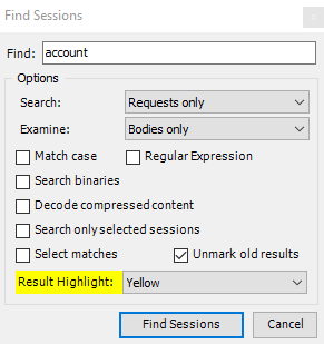 Fiddler: Find session window