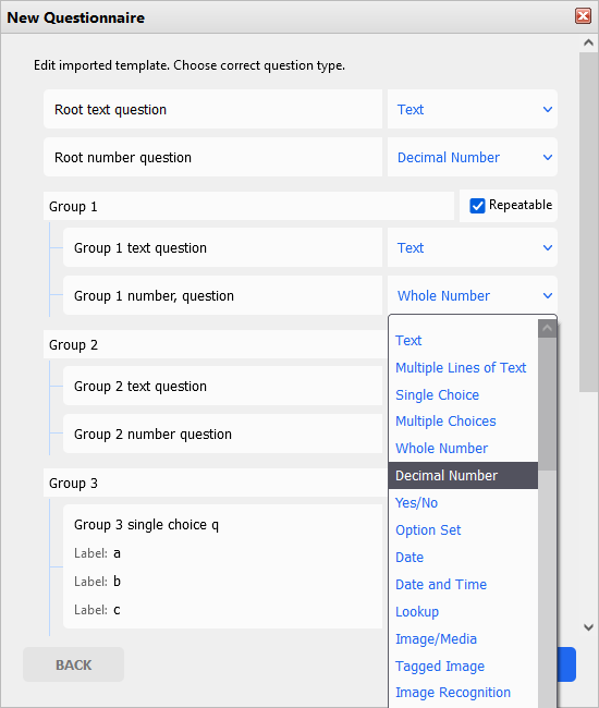create questionnaire template by importing Excel/CSV file (select questions to import) 400px