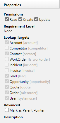 Properties pane for entity fields