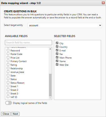 Create mapped questions in bulk: Select target entity and fields