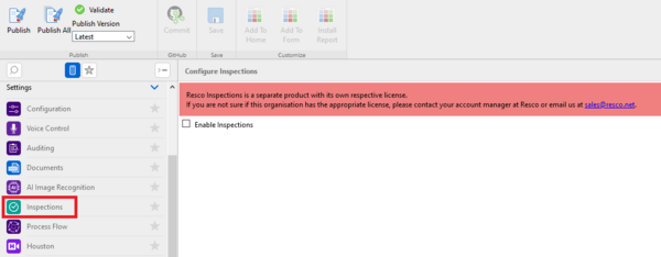 Resco Inspections on Dynamics 365: Existing app project: Inspections disabled