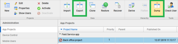 export or dump app projects from woodford