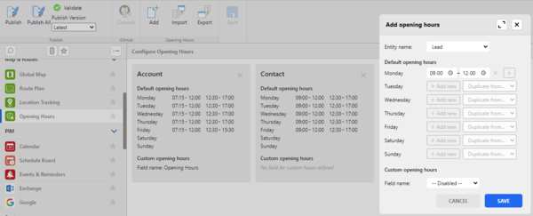 Opening hours: Configure opening hours overview