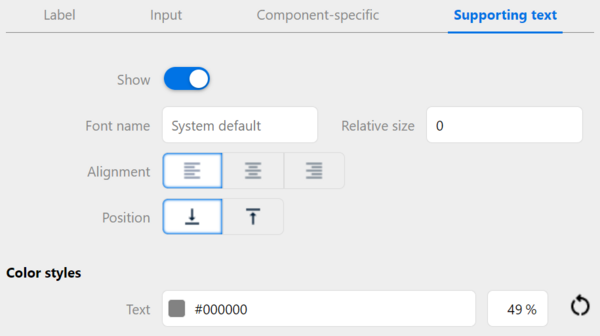 Settings for supporting text in style editor