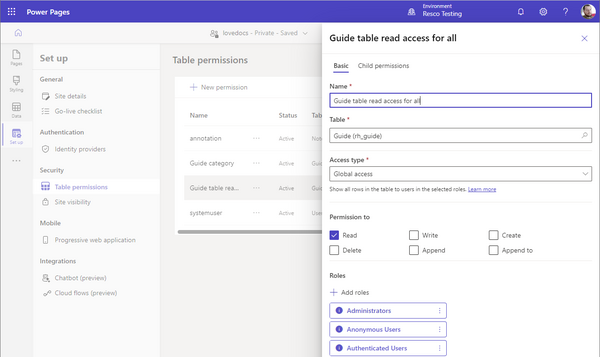 Grant table permissions for power page