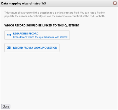 Mapping questions to fields: Data mapping wizard 1
