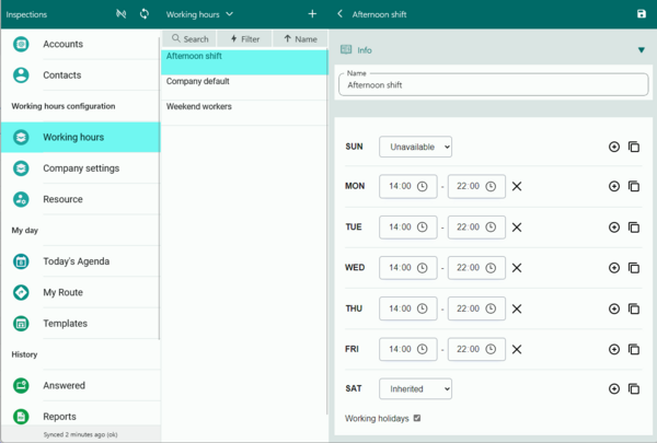 Define working hours in the app