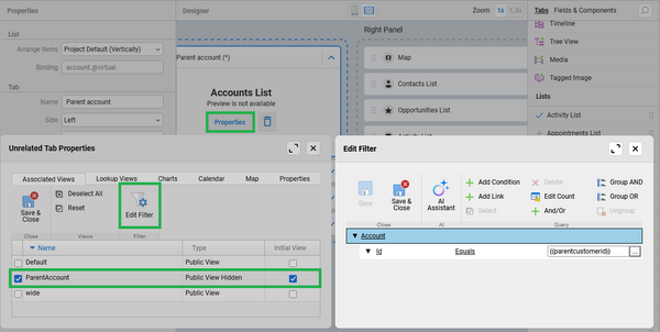 unrelated tab properties and filter