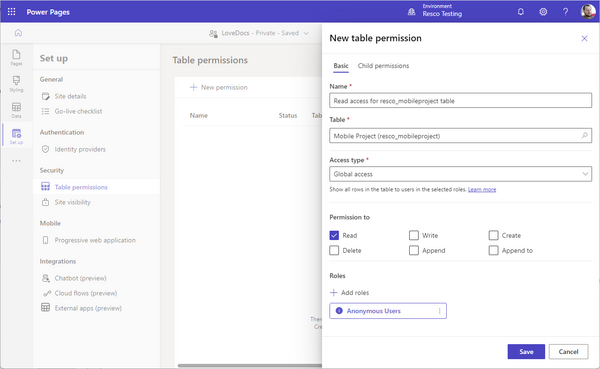 Inspections on Power Platform: Set up table permissions: Add table permissions for power pages