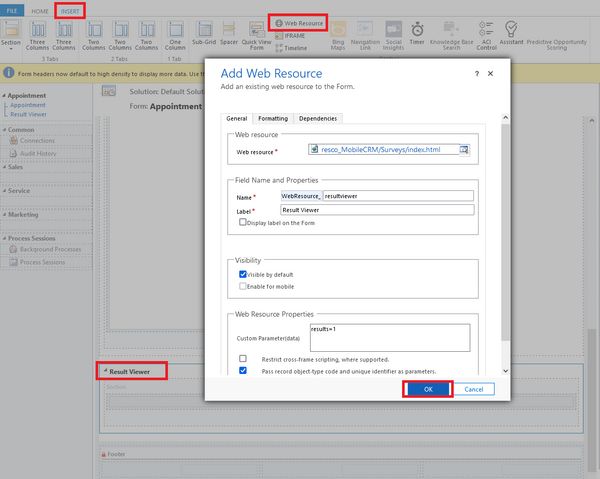 Results viewer: adding the web resource to Dynamics