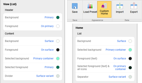 Display separate color tokens for home screen