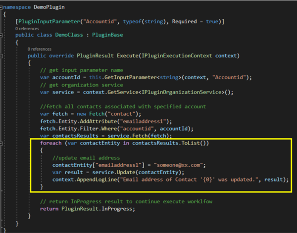 Plug-in assemblies: Cancel the workflow execution: Example update