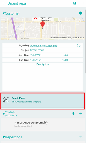 Add questionnaire to form via related tab formatted as a button 5:click the inspection button