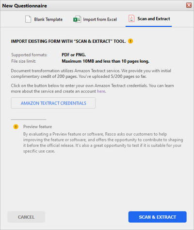 import questionnaire using Scan and Extract method