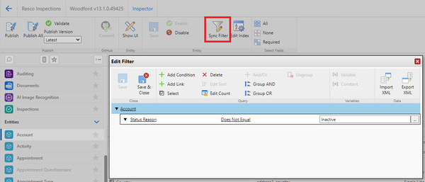 how to access sync filter screen in Woodford