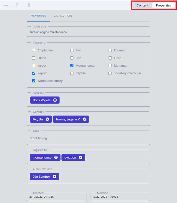 Properties pane in guides