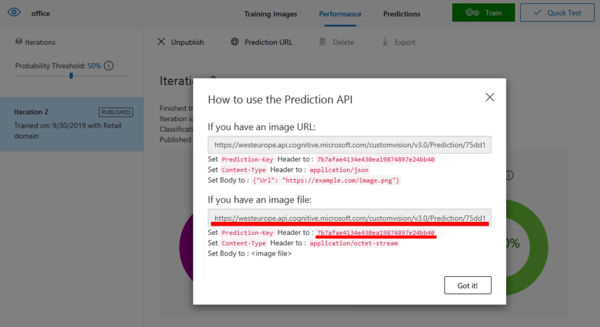 prediction URL in the performance tab of the Azure Custom Vision
