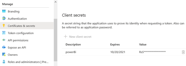 Displaying Power BI dashboard in the iframe: Power BI client secret