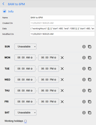 Working hours editor