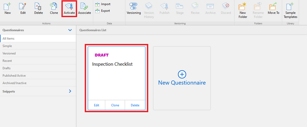 Resco Inspections on Dynamics 365: Questionnaire Designer: Template activation