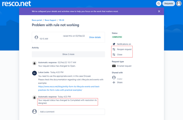 Support portal request actions