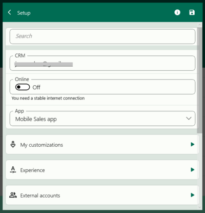setup/settings page in resco mobile CRM