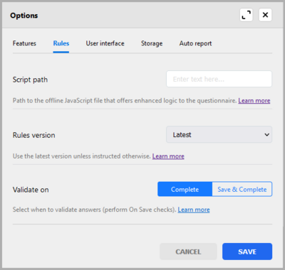 Options of the questionnaire template