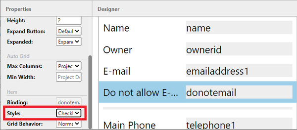 Display "two options" as checkbox on a form: Set style to checkbox