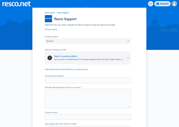 Support portal partner- report a problem page