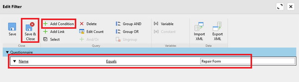 Add questionnaire to form via related tab formatted as a button 4:add a following condition in the filter