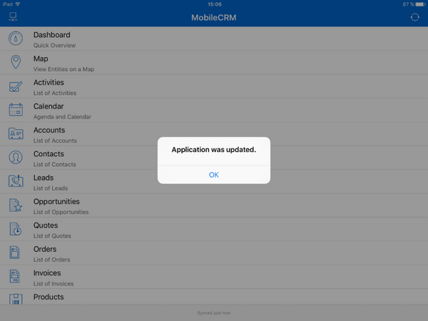 Aplication was succesfully updated window in the app
