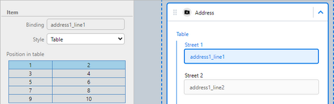 Position the fields in the table