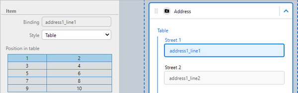 Item position in table