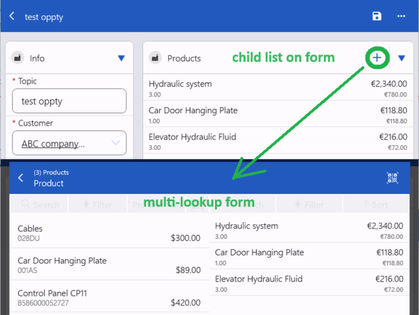 child list and multi-lookup form in action