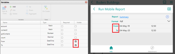 Report designer: Input variables: From to parameter