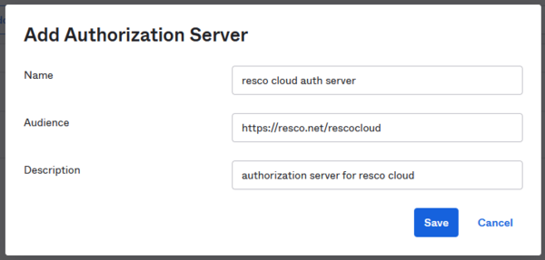 Connect Resco Cloud with Okta: Configuration: Okta add auth server