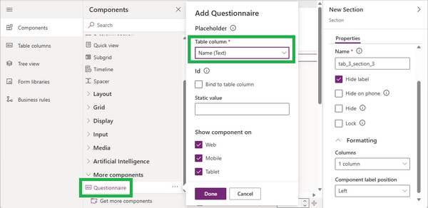 add questionnaire pcf to form
