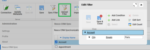 Upload filter in Resco CRM Sync