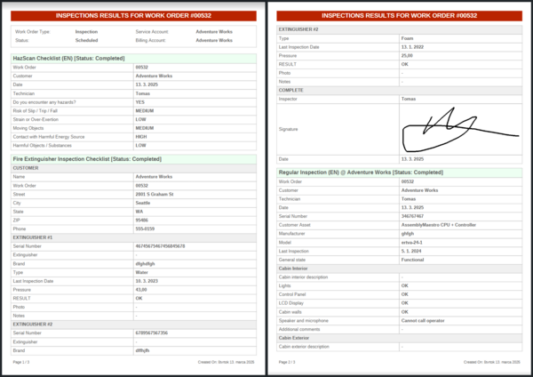 inspections results for work order