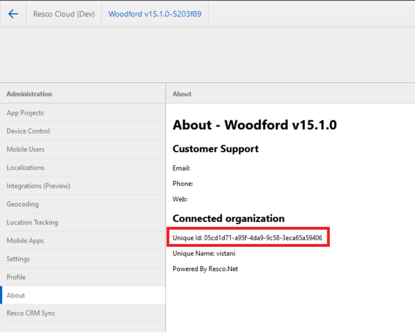 About section in Woodford contains organization info