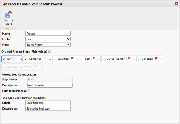 Creating a process: edit process control component window