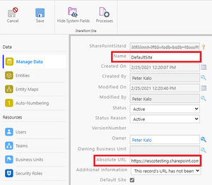 Configure Resco Cloud:Sharepoint site record